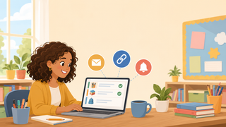 Illustration of a smiling teacher at a laptop viewing a classroom wishlist, with email, link, and notification bell icons representing TeacherWish by CM School Supply