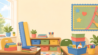 Illustrated classroom with rolled bulletin board backdrops, colorful storage bins, paint markers, and a bulletin board being decorated with a border, representing CM School Supply's back to school sale