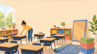 Illustration of a teacher setting up an empty classroom with desks, a rolled rug, labeled storage bins, and a blank bulletin board waiting to be decorated, representing a classroom setup checklist