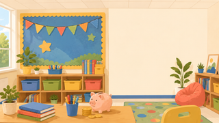 Illustration of a decorated classroom bulletin board focal wall next to a simpler bare wall, representing budget-friendly classroom decor