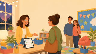 Illustration of a teacher greeting parents at a classroom sign-in table during back to school night