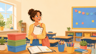 Illustration of a new teacher holding a supply checklist in an empty classroom surrounded by storage bins, a lesson planner, and basic school supplies