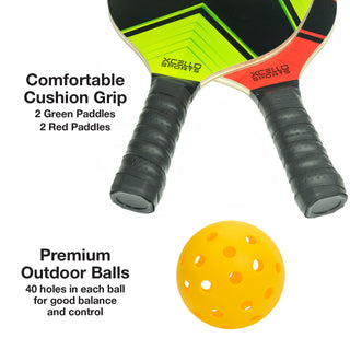 Pickle Ball 4 Piece Premium Racket Set with 6 Outdoor Balls and Carry Bag