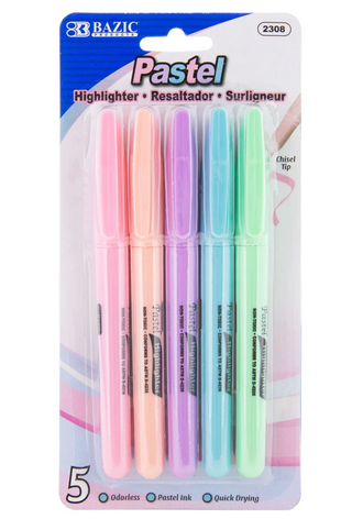 Assorted Pastel Highlighters, Pen-Style, 5-Count