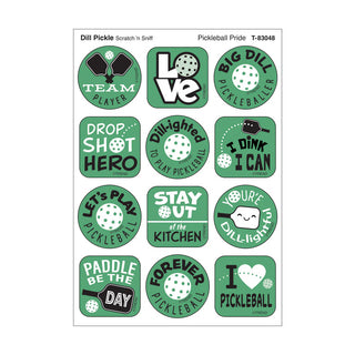 Pickleball Pride, Dill Pickle scent Scratch 'n Sniff Stinky Stickers® – Mixed Shapes