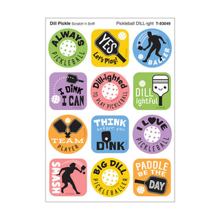 Pickleball DILL-ight, Dill Pickle scent Scratch 'n Sniff Stinky Stickers® – Mixed Shapes