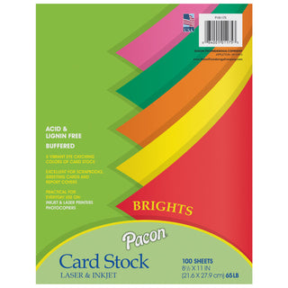 Pacon® Bright Card Stock, 5 Assorted Colors, 8-1/2" x 11", 100 Sheets