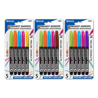 BAZIC Bright Colors Fine Tip Permanent Markers w/ Pocket Clip (5/Pack)
