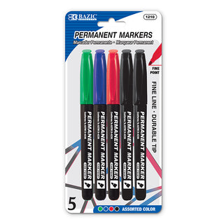 BAZIC Assorted Colors Fine Tip Permanent Markers w/ Pocket Clip (5/Pack)