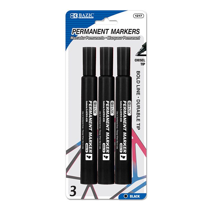 Bazic Chisel Tip Jumbo Permanent Marker, Black - 3 pack