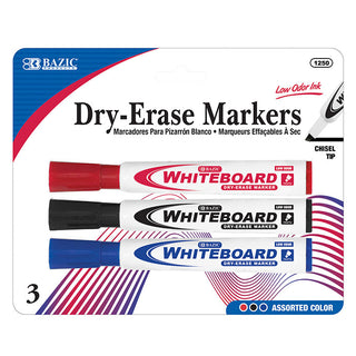 BAZIC Assorted Colors Chisel Tip Dry-Erase Markers (3/Pack)