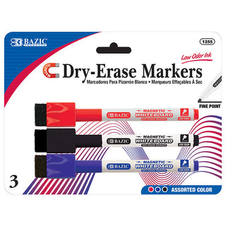 BAZIC Assorted Colors Magnetic Dry-Erase Markers (3/Pack)