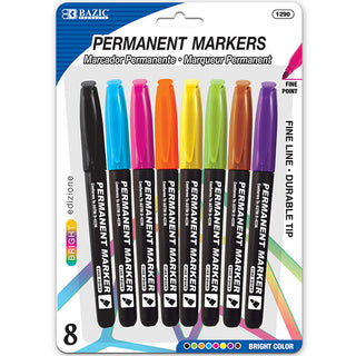 BAZIC Bright Colors Fine Tip Permanent Markers w/ Pocket Clip (8/Pack)