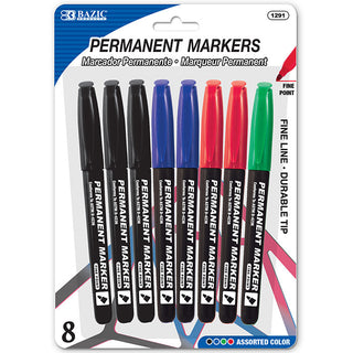 BAZIC Assorted Colors Fine Tip Permanent Markers w/ Pocket Clip (8/Pack)