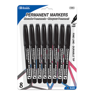 BAZIC Black Fine Tip Permanent Markers w/ Pocket Clip (8/Pack)