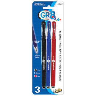 BAZIC GR8 Asst. Color Oil-Gel Ink Pen w/ Rubberized Barrel (3/Pack)