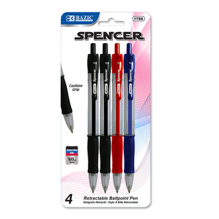 BAZIC Spencer Asst. Color Retractable Pen w/ Cushion Grip (4/Pack)