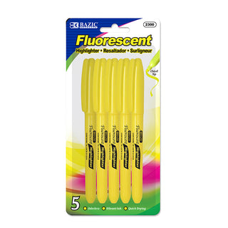 BAZIC Yellow Pen Style Fluorescent Highlighter w/ Pocket Clip (5/Pack)