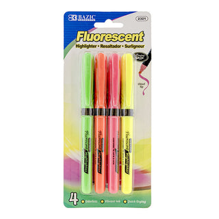 BAZIC Pen Style Fluorescent Highlighter w/ Cushion Grip (4/Pack)