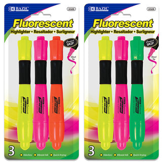 BAZIC Desk Style Fluorescent Highlighter w/ Cushion Grip (3/Pack)