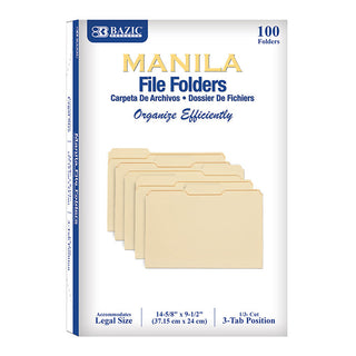 BAZIC 1/3 Cut Legal Size Manila File Folder (100/Box)