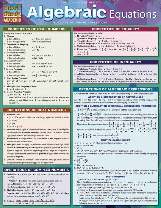 QuickStudy: Algebraic Equations — CM School Supply