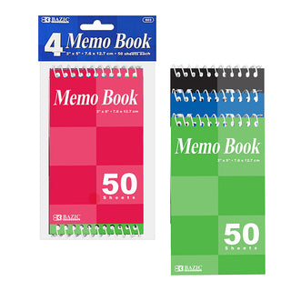 BAZIC 50 Ct. 3" X 5" Top Bound Spiral Memo Books (4/Pack)