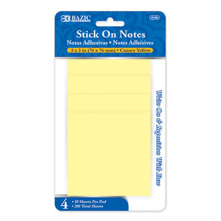 BAZIC 50 Ct. 3" X 3" Yellow Stick On Notes (4/Pack)