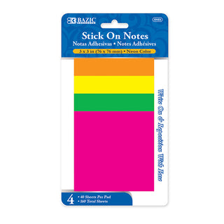 BAZIC 40 Ct. 3" X 3" Neon Stick On Notes (4/Pack)