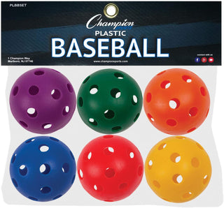 Champion Sports Plastic Baseball, Assorted Colors, Set of 6 , 9"