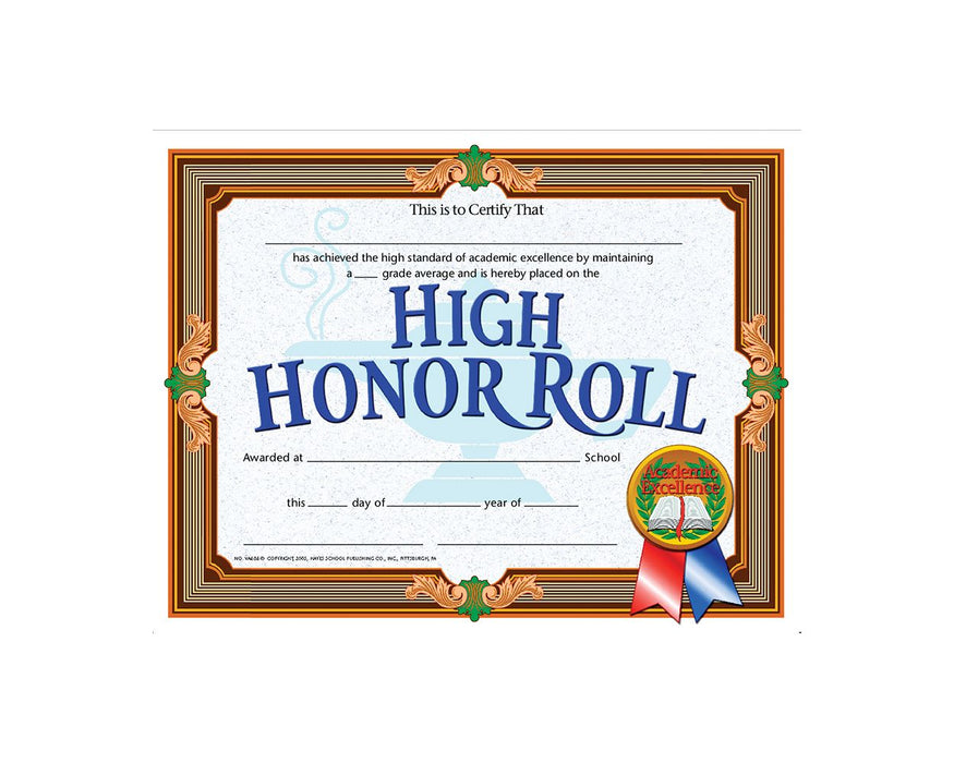 High Honor Roll Certificate, 8.5" x 11" - Pack of 30